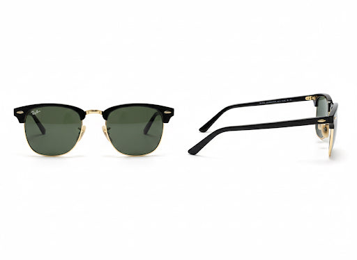 Rayban sunglasses featuring a stylish black frame with green lenses and gold accents on the nose bridge.